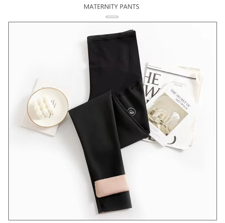 Winter Maternity Belly Pants with Pink Fleece Stretched High Waist Pregnant Woman Yoga Leggings Long Skinny Pregnancy Trousers