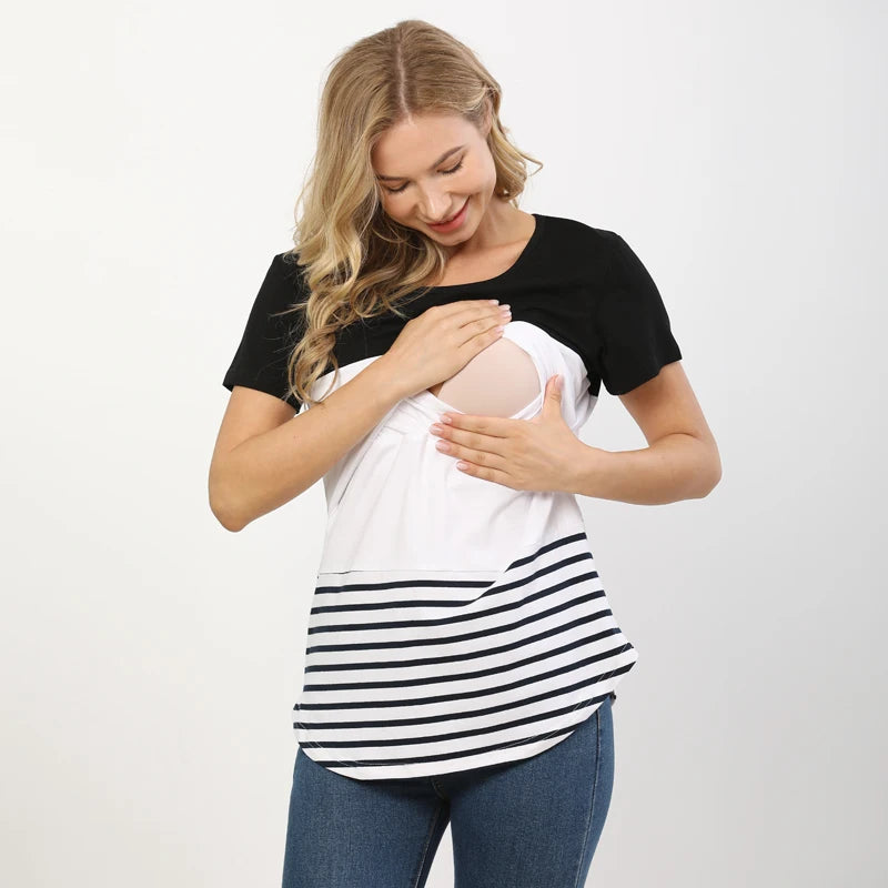 Maternity Nursing T-Shirt Short Sleeve Color Block Striped Top Soft Cotton Breastfeeding Tee Upper Lift Blouse for Pregnancy