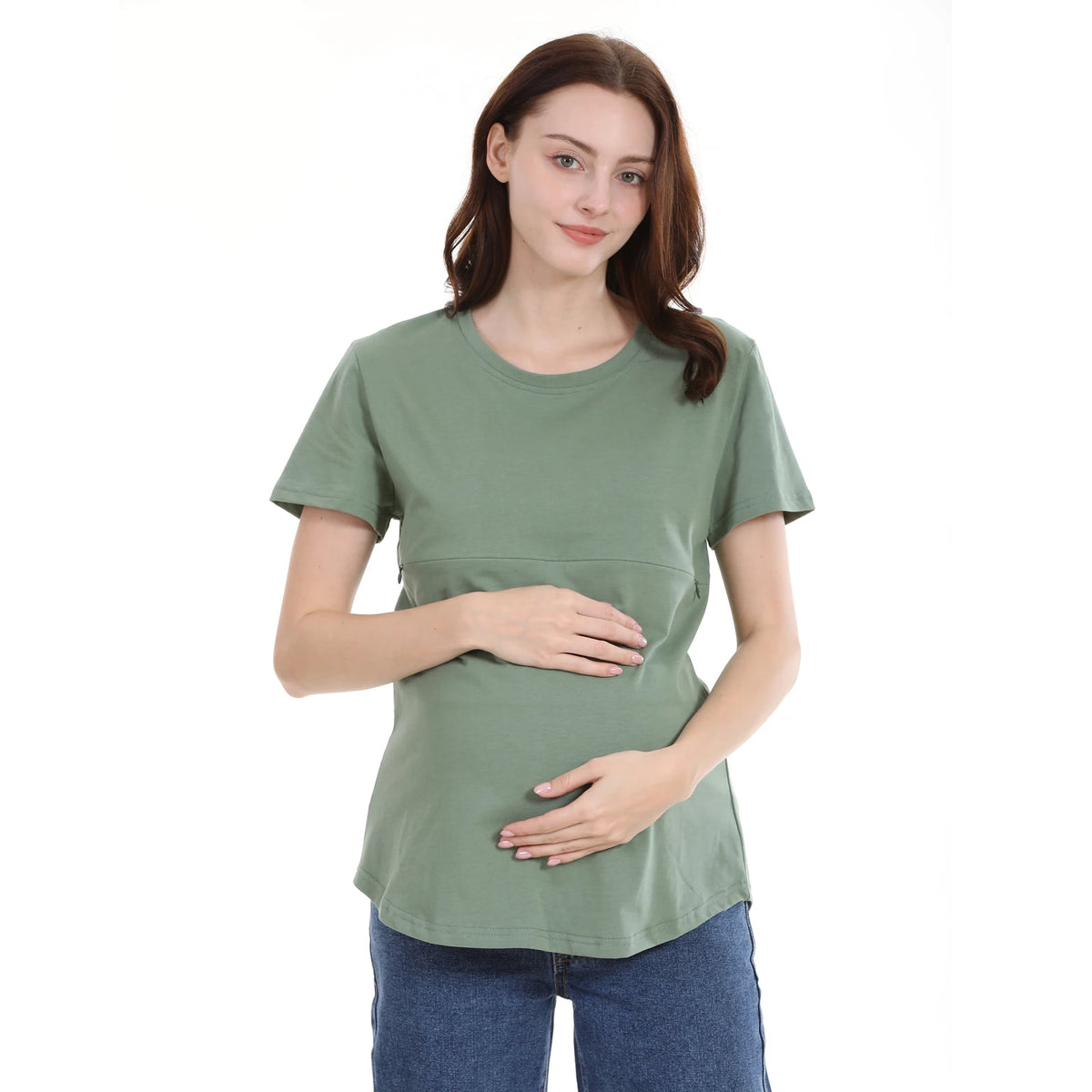 Summer Plus Size Maternity Breastfeeding Tops Short Sleeve Cotton Lactation T-Shirt Zip Nursing Tees for Pregnant Women