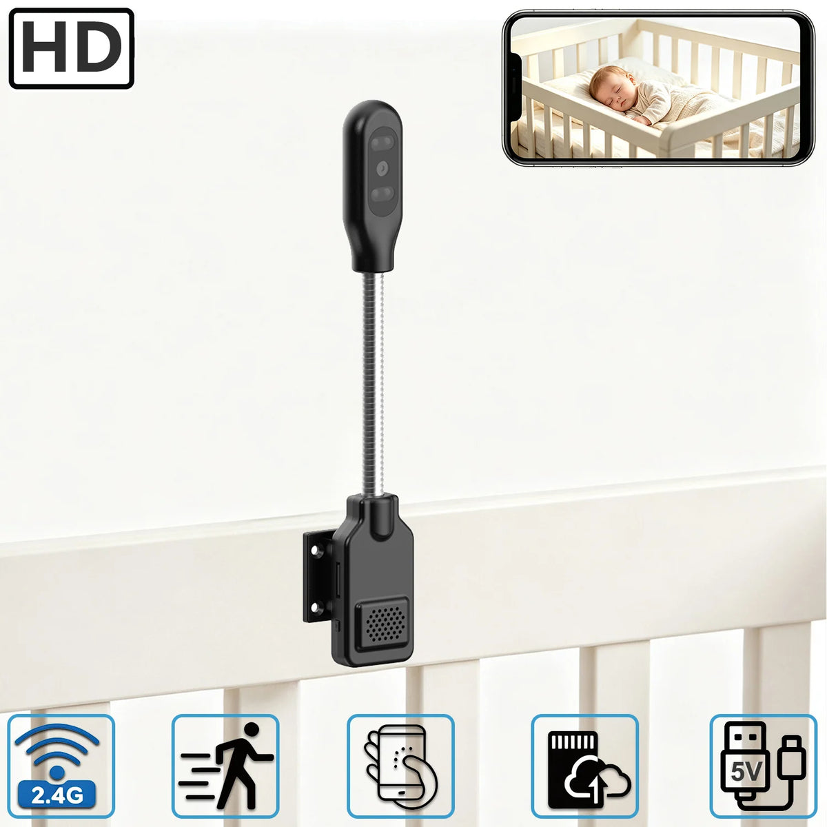 Next‑Gen Flexible Gooseneck WiFi Baby & Pet Monitor Camera, Plug‑Play Zero Installation, Two‑Way Audio Home Security Cam