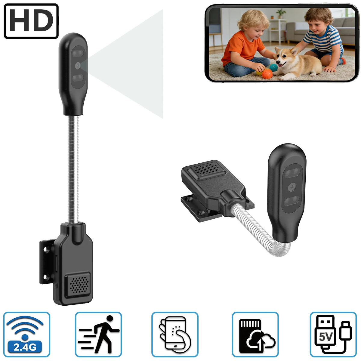 Next‑Gen Flexible Gooseneck WiFi Baby & Pet Monitor Camera, Plug‑Play Zero Installation, Two‑Way Audio Home Security Cam