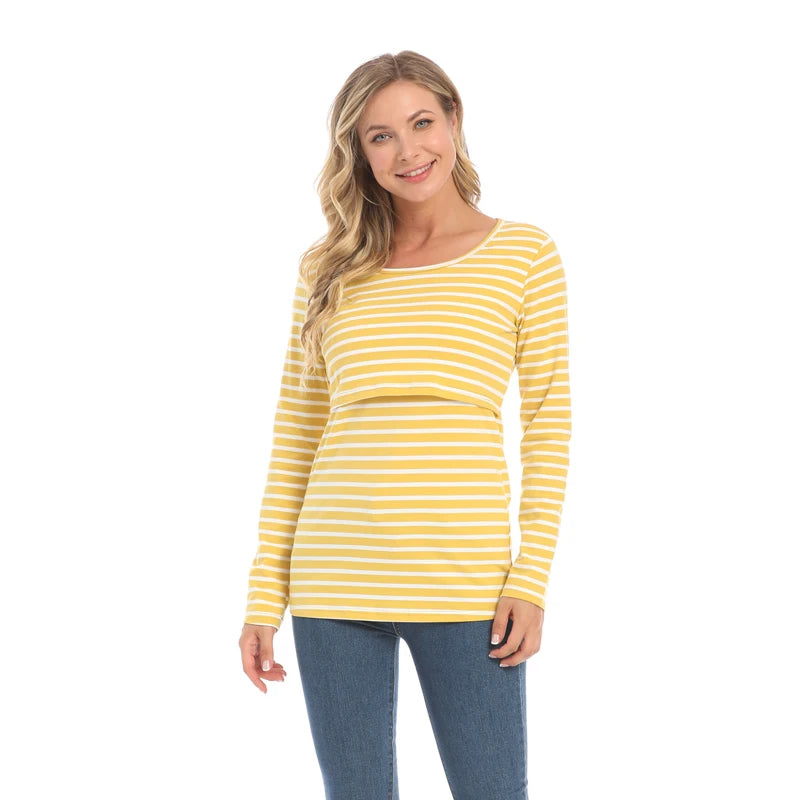 Striped Maternity T-shirts Long Sleeve Nursing Breastfeeding Clothes For Pregnant Women Cotton Postpartum Tees