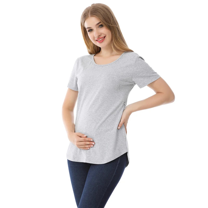 New Women Maternel T Shirt Short Sleeve Stretch Cotton Tops Zipper Breastfeeding Loose Pregnant Clothes Big Size