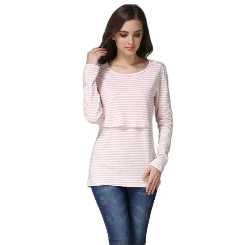 Striped Maternity T-shirts Long Sleeve Nursing Breastfeeding Clothes For Pregnant Women Cotton Postpartum Tees