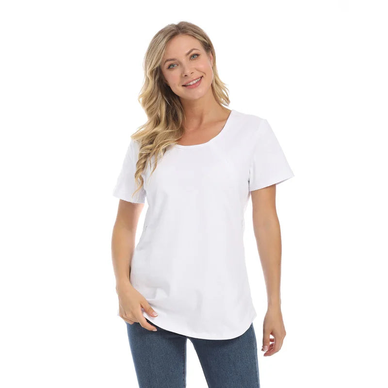 New Women Maternel T Shirt Short Sleeve Stretch Cotton Tops Zipper Breastfeeding Loose Pregnant Clothes Big Size