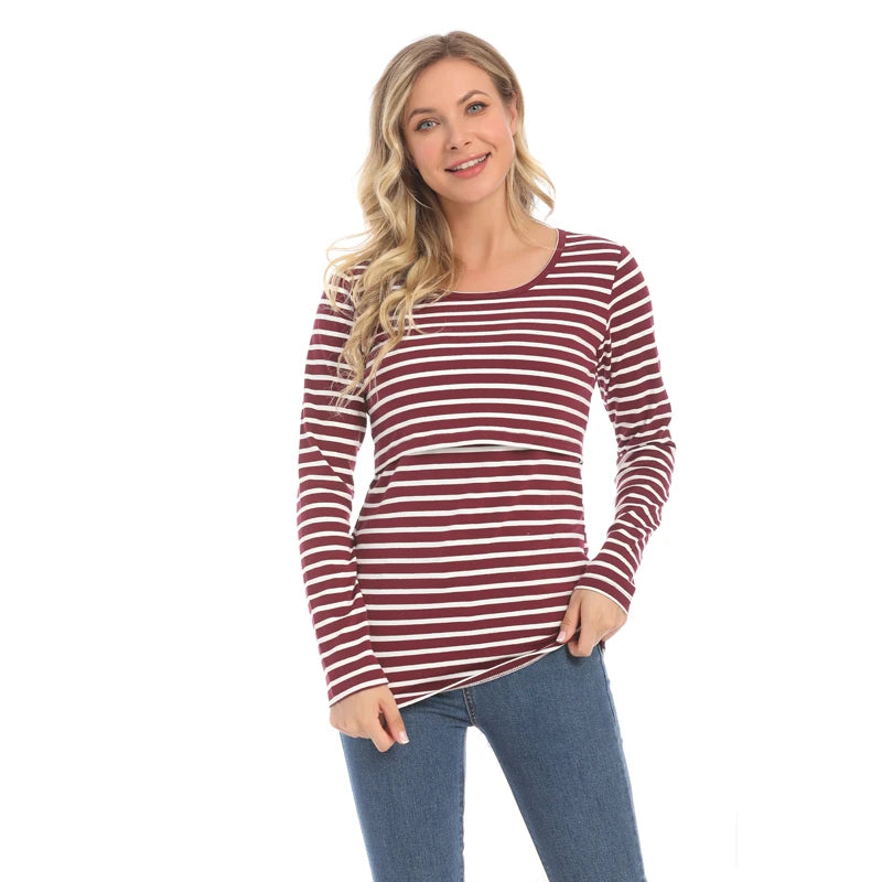 Striped Maternity T-shirts Long Sleeve Nursing Breastfeeding Clothes For Pregnant Women Cotton Postpartum Tees