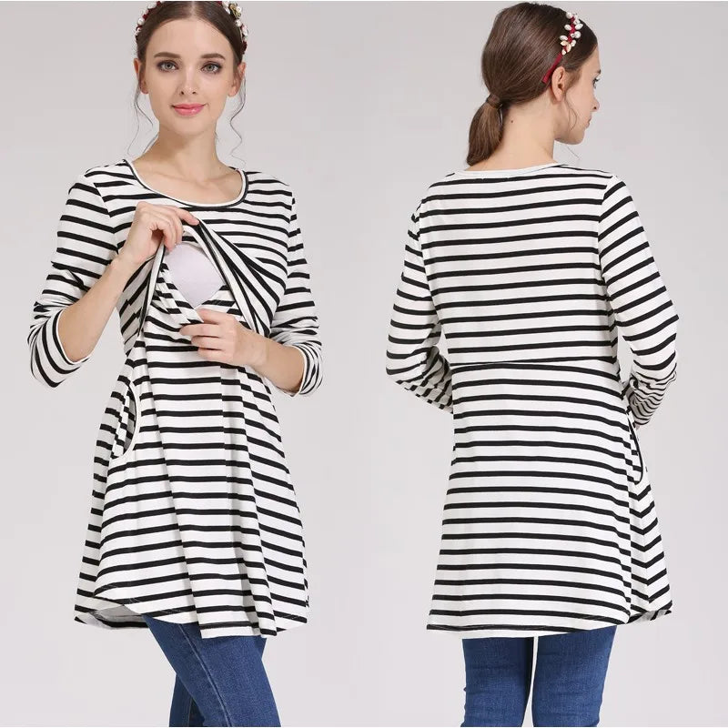Maternity Nursing Tunic Top Long Sleeve Hidden Lift Nursing Opening A-Line Loose Fit Shirt With Pockets Breastfeeding Clothes