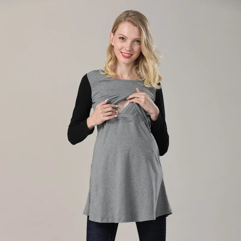 Maternity Nursing Tunic Top Long Sleeve Hidden Lift Nursing Opening A-Line Loose Fit Shirt With Pockets Breastfeeding Clothes