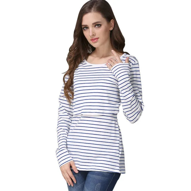 Striped Maternity T-shirts Long Sleeve Nursing Breastfeeding Clothes For Pregnant Women Cotton Postpartum Tees