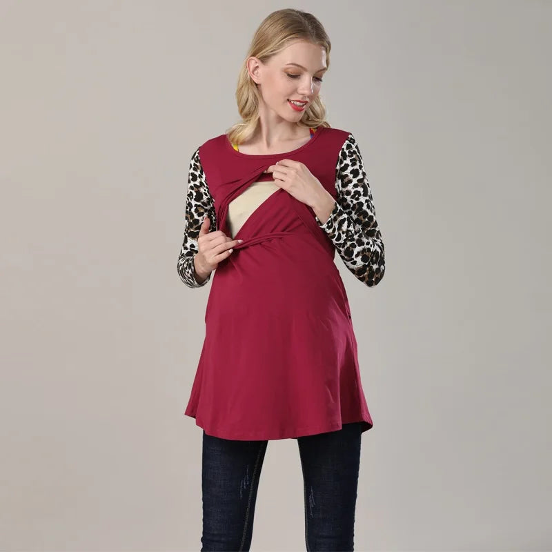 Maternity Nursing Tunic Top Long Sleeve Hidden Lift Nursing Opening A-Line Loose Fit Shirt With Pockets Breastfeeding Clothes