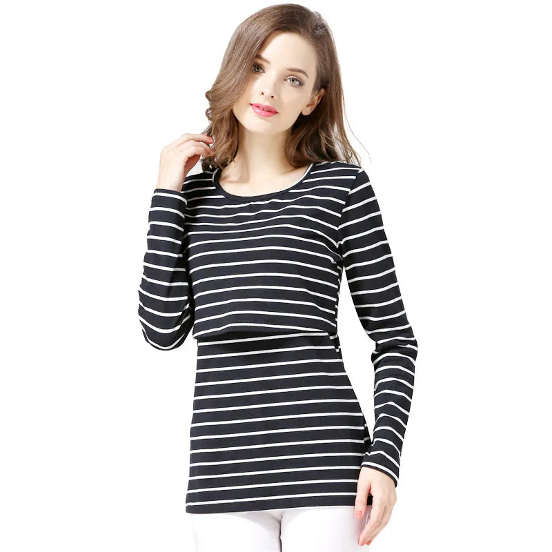 Striped Maternity T-shirts Long Sleeve Nursing Breastfeeding Clothes For Pregnant Women Cotton Postpartum Tees