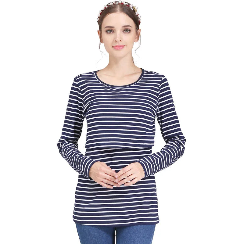 Striped Maternity T-shirts Long Sleeve Nursing Breastfeeding Clothes For Pregnant Women Cotton Postpartum Tees