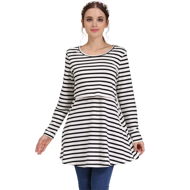 Maternity Nursing Tunic Top Long Sleeve Hidden Lift Nursing Opening A-Line Loose Fit Shirt With Pockets Breastfeeding Clothes