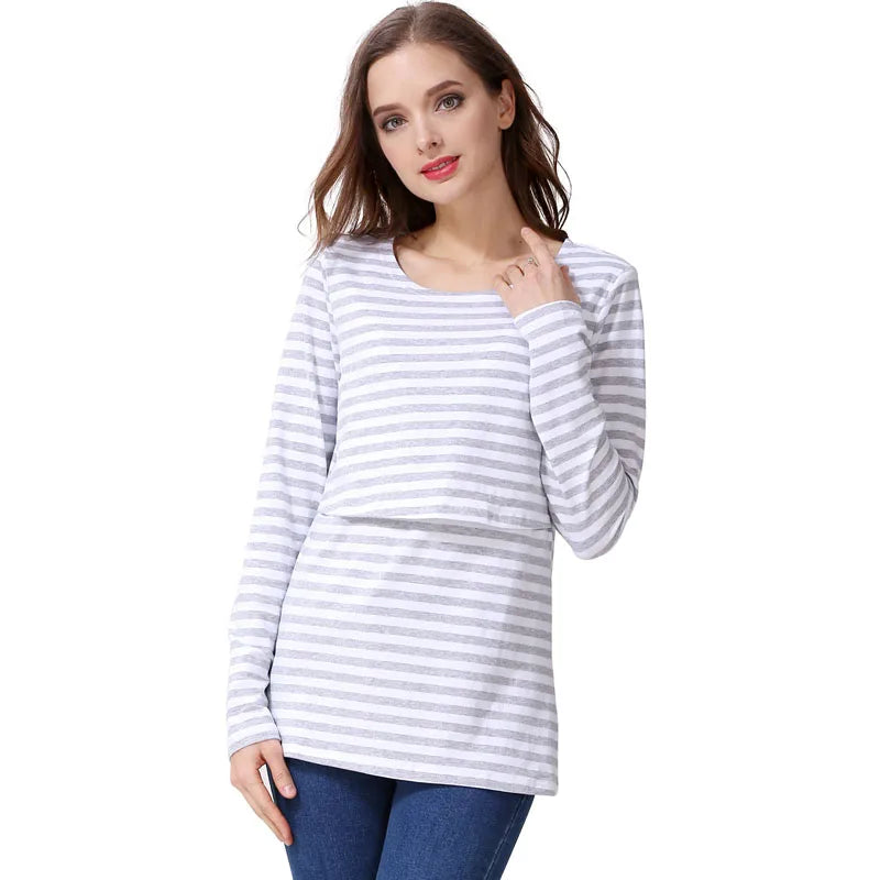 Striped Maternity T-shirts Long Sleeve Nursing Breastfeeding Clothes For Pregnant Women Cotton Postpartum Tees