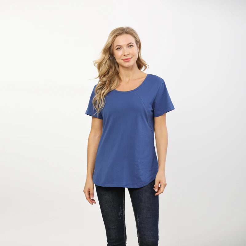 New Women Maternel T Shirt Short Sleeve Stretch Cotton Tops Zipper Breastfeeding Loose Pregnant Clothes Big Size