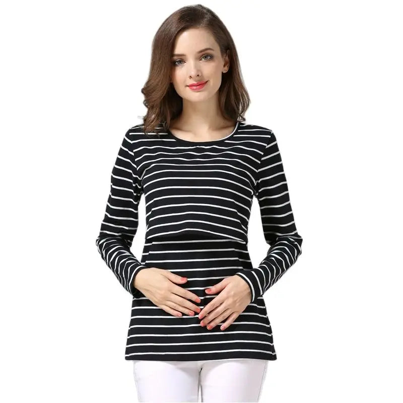 Striped Maternity T-shirts Long Sleeve Nursing Breastfeeding Clothes For Pregnant Women Cotton Postpartum Tees
