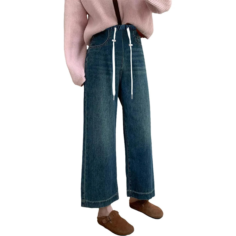 Autumn and Winter Pregnant Women's Belly Pants Fashion Loose Straight Leg Korean Style High Waist Maternity Jeans Denim Trousers