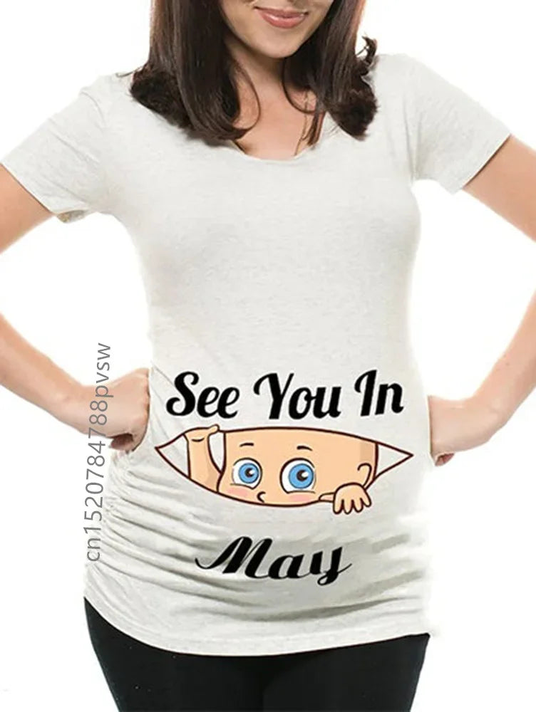 Pregnant Pregnancy Announcement Women's T-Shirt Female Pregnancy Clothes New Mom Clothes See You in January-December Funny Tops