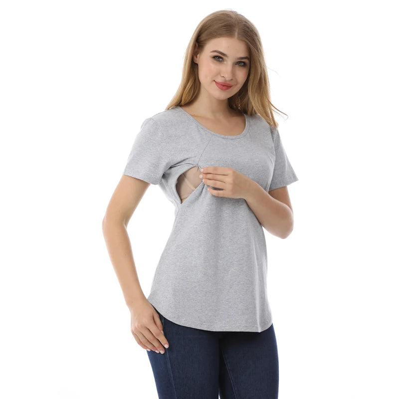 New Women Maternel T Shirt Short Sleeve Stretch Cotton Tops Zipper Breastfeeding Loose Pregnant Clothes Big Size