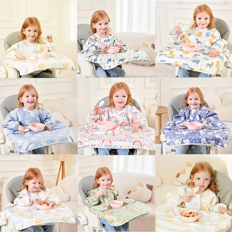 Waterproof Coverall Baby Feeding Bibs for 6 Month To 5 Years Old Toddler Long Sleeve Weaning Bib Attaches To Highchair and Table