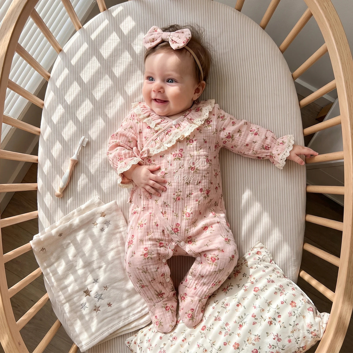 Baby Clothing Girl Fall Autumn Outfits Flower Print Long Sleeve Footed Jumpsuit, Headband Clothes