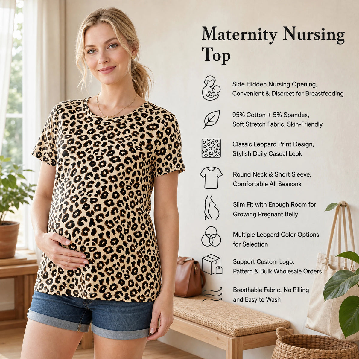 Women Short Sleeve Maternity Nursing T-shirt Leopard Print Round Neck Side Zipper Breastfeeding Pregnancy Top