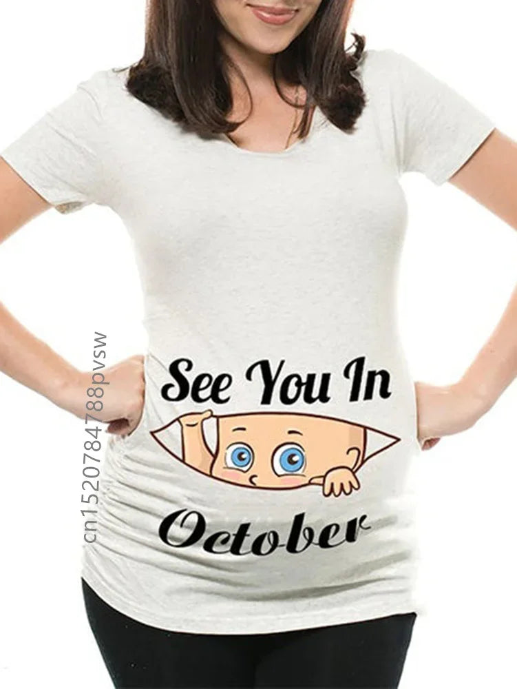 Pregnant Pregnancy Announcement Women's T-Shirt Female Pregnancy Clothes New Mom Clothes See You in January-December Funny Tops