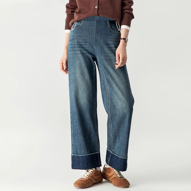 Autumn and Winter Pregnant Women's Belly Pants Fashion Loose Straight Leg Korean Style High Waist Maternity Jeans Denim Trousers