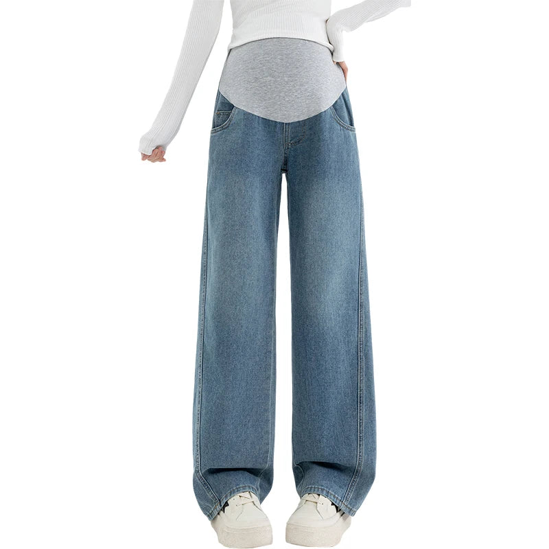 Autumn and Winter Pregnant Women's Belly Pants Fashion Loose Straight Leg Korean Style High Waist Maternity Jeans Denim Trousers