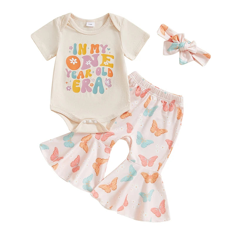 Toddler Baby Girl Birthday Outfits In My One Year Old Era Shirt Romper Bell Bottoms Birthday Girl Clothing Set
