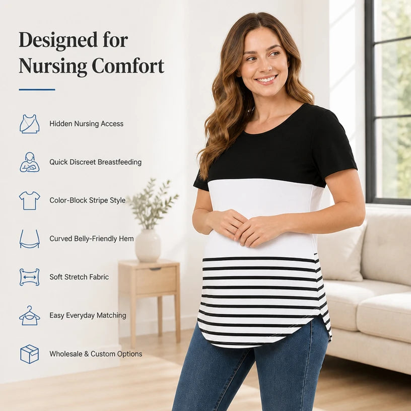 Maternity Nursing T-Shirt Short Sleeve Color Block Striped Top Soft Cotton Breastfeeding Tee Upper Lift Blouse for Pregnancy