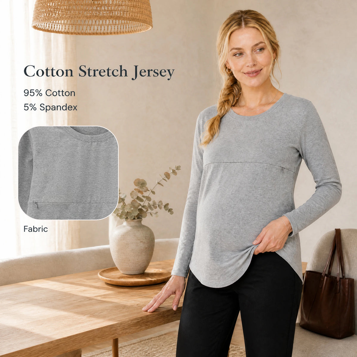 Long Sleeve Maternity Nursing Shirt Round Neck Horizontal Zipper Breastfeeding Top Soft Stretch Cotton Pregnancy Clothes