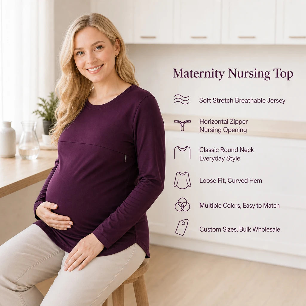 Long Sleeve Maternity Nursing Shirt Round Neck Horizontal Zipper Breastfeeding Top Soft Stretch Cotton Pregnancy Clothes