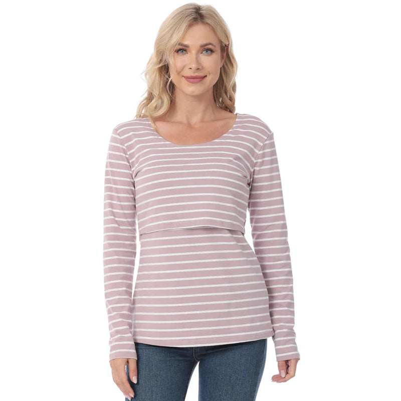 Striped Maternity T-shirts Long Sleeve Nursing Breastfeeding Clothes For Pregnant Women Cotton Postpartum Tees