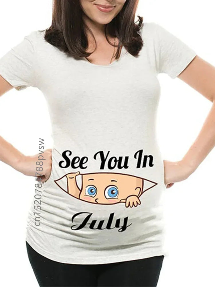 Pregnant Pregnancy Announcement Women's T-Shirt Female Pregnancy Clothes New Mom Clothes See You in January-December Funny Tops