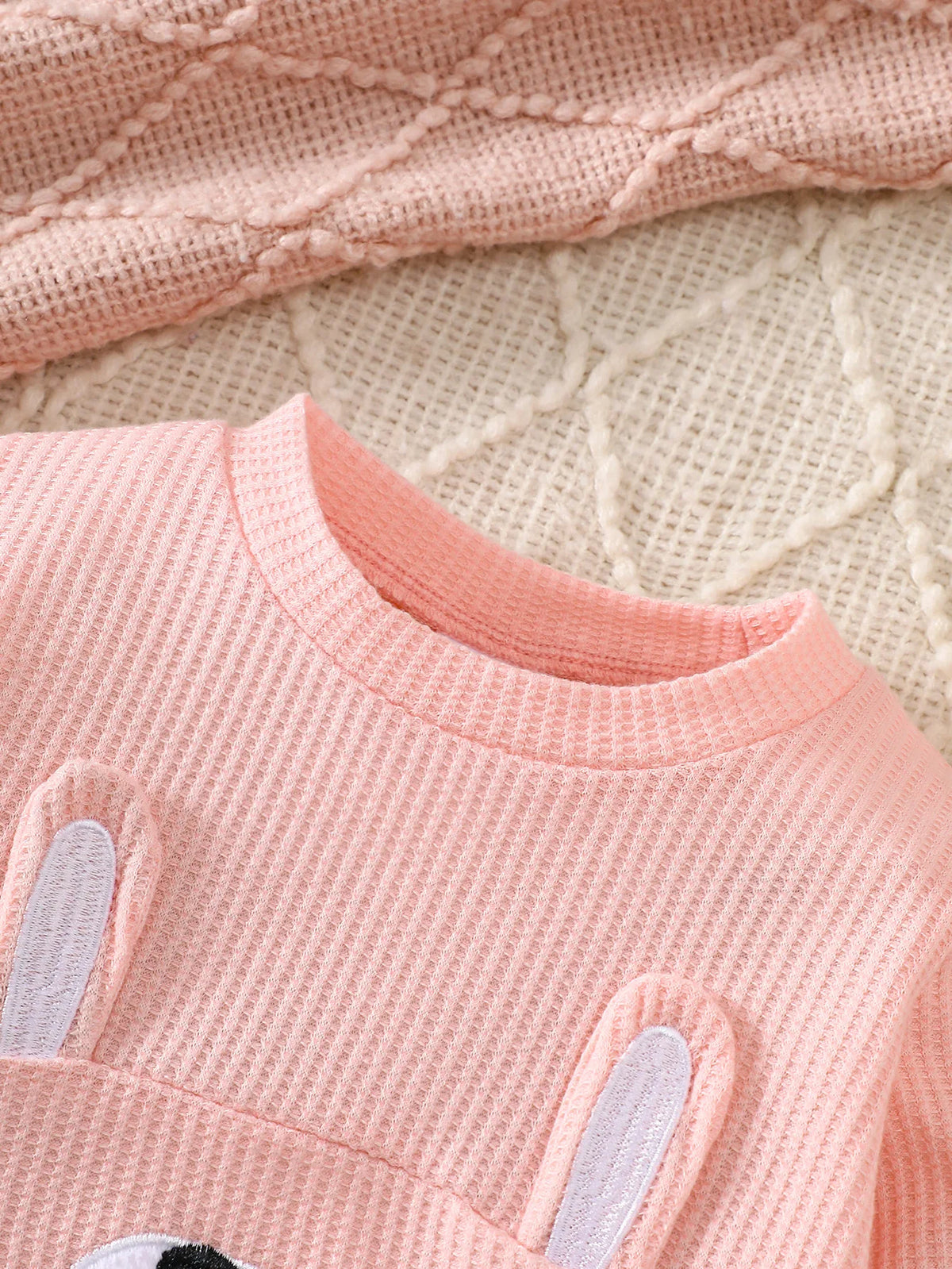 Cute Rabbit Embroidery for Infants and Toddlers, Waffle Sweatshirt, Striped Jogger Pants, Two-Piece Set, Knee Pads, Elastic Waist, Soft and Warm