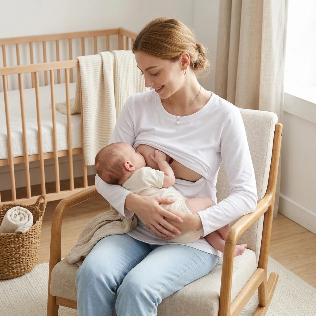 Long Sleeve Maternity Nursing Shirt Round Neck Horizontal Zipper Breastfeeding Top Soft Stretch Cotton Pregnancy Clothes