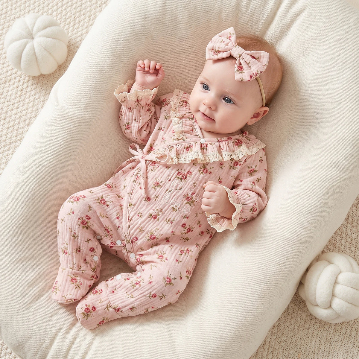 Baby Clothing Girl Fall Autumn Outfits Flower Print Long Sleeve Footed Jumpsuit, Headband Clothes