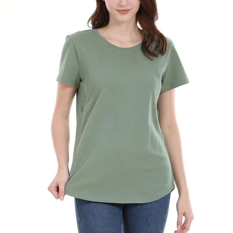 Summer Maternity T Shirt  Short Sleeve Stretch Cotton Tops Zipper Breastfeeding Loose Pregnant Clothes Big Size