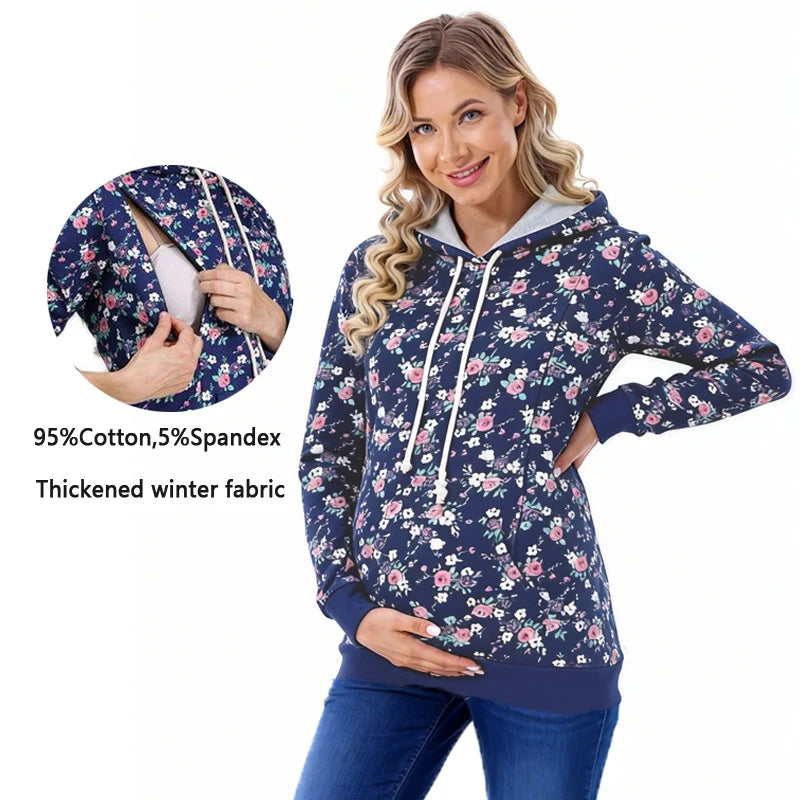 Maternity Hoodied Sweater Winter Thermal Fabric Long Sleeve Breastfeeding Jumpers Nursing Wear Lactation Clothes