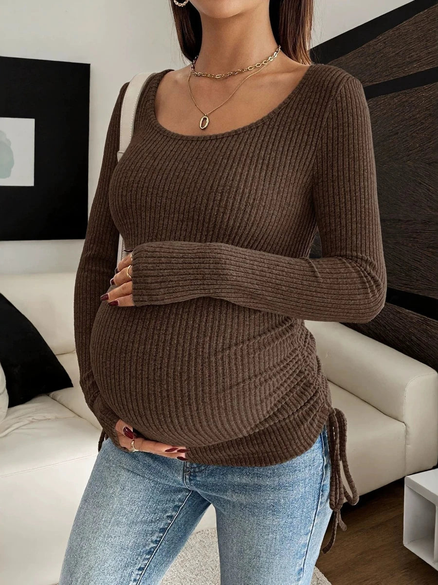 U-neck Ribbed Maternity Long-sleeve T-shirt Adjustable Side Drawstring Slim Fit Top Pregnant Woman Clothes