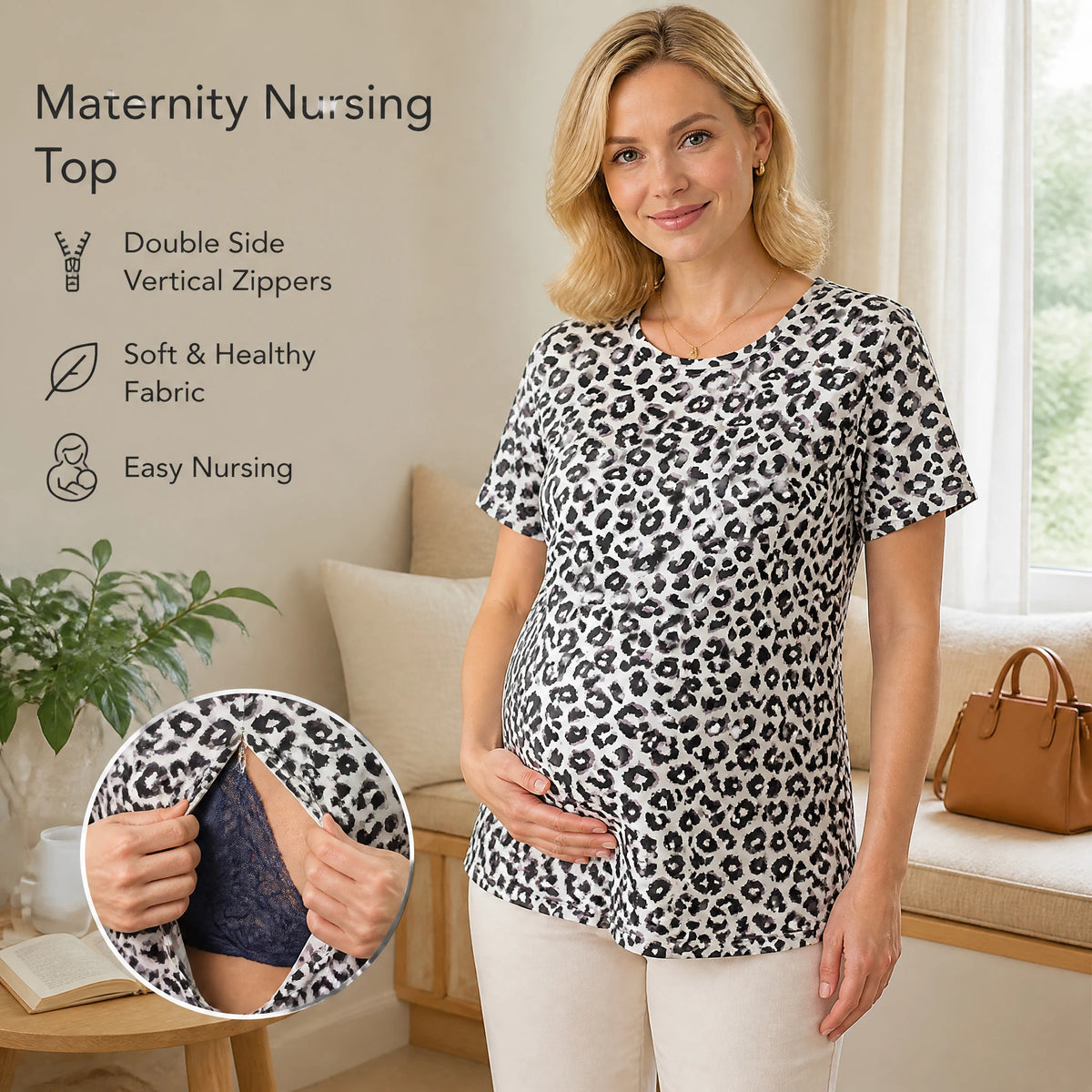 Women Short Sleeve Maternity Nursing T-shirt Leopard Print Round Neck Side Zipper Breastfeeding Pregnancy Top