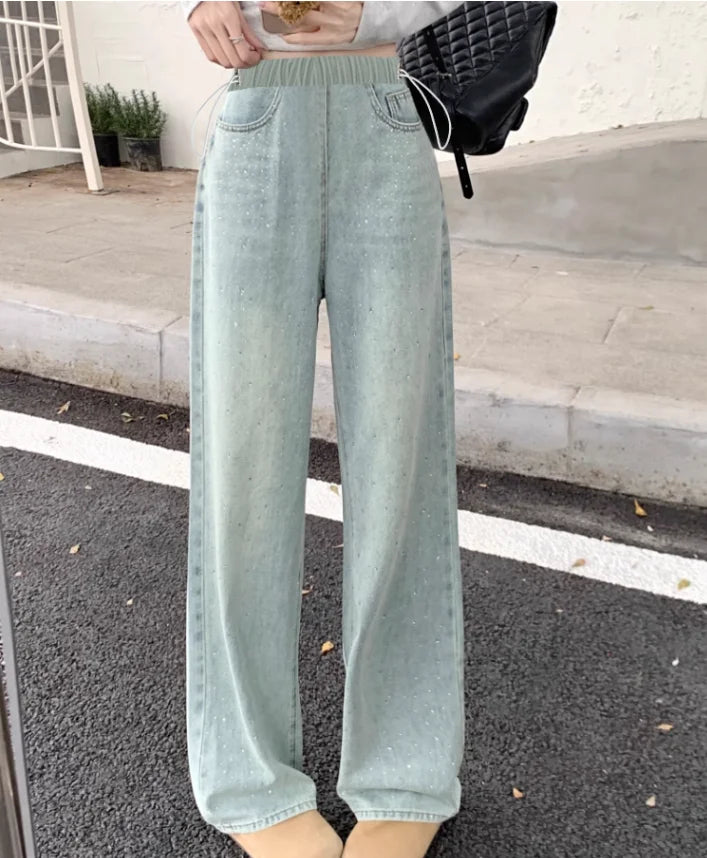 Autumn and Winter Pregnant Women's Belly Pants Fashion Loose Straight Leg Korean Style High Waist Maternity Jeans Denim Trousers