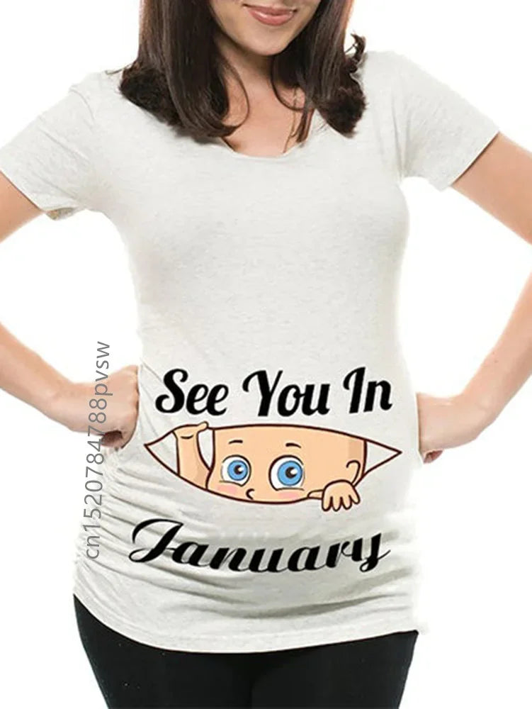 Pregnant Pregnancy Announcement Women's T-Shirt Female Pregnancy Clothes New Mom Clothes See You in January-December Funny Tops