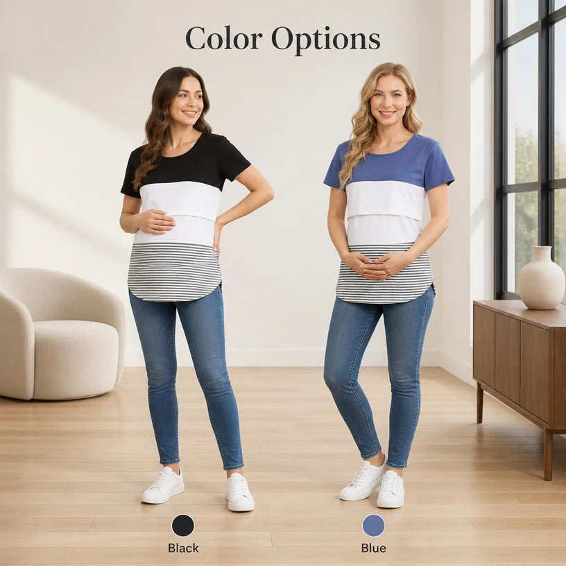 Maternity Nursing T-Shirt Short Sleeve Color Block Striped Top Soft Cotton Breastfeeding Tee Upper Lift Blouse for Pregnancy