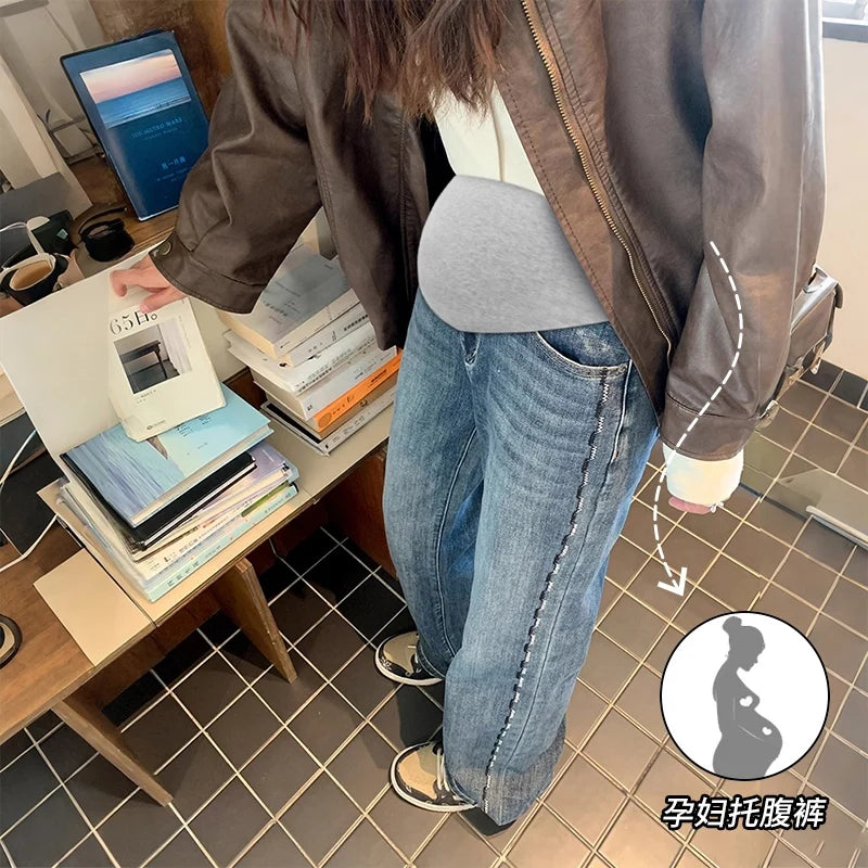 Autumn and Winter Pregnant Women's Belly Pants Fashion Loose Straight Leg Korean Style High Waist Maternity Jeans Denim Trousers