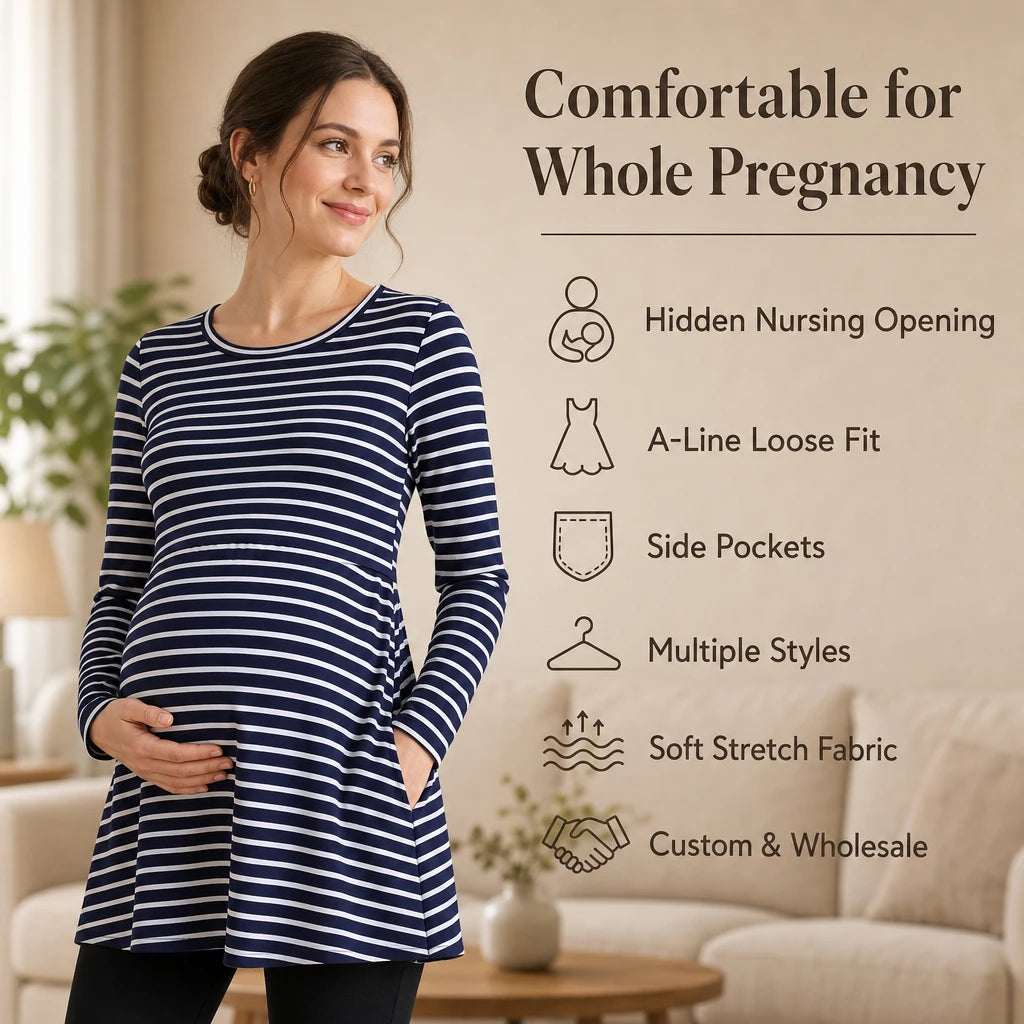 Maternity Nursing Tunic Top Long Sleeve Hidden Lift Nursing Opening A-Line Loose Fit Shirt With Pockets Breastfeeding Clothes