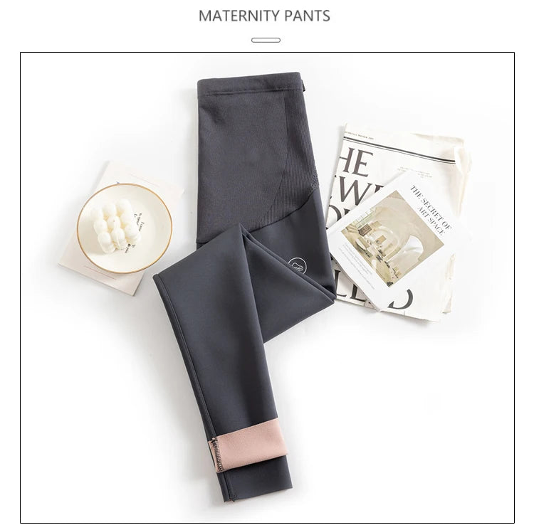 Winter Maternity Belly Pants with Pink Fleece Stretched High Waist Pregnant Woman Yoga Leggings Long Skinny Pregnancy Trousers