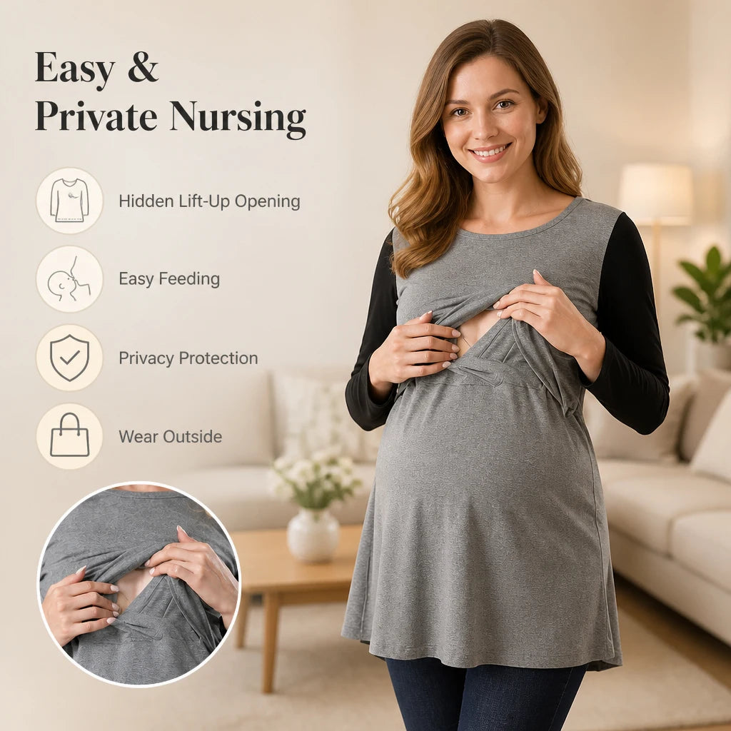 Maternity Nursing Tunic Top Long Sleeve Hidden Lift Nursing Opening A-Line Loose Fit Shirt With Pockets Breastfeeding Clothes