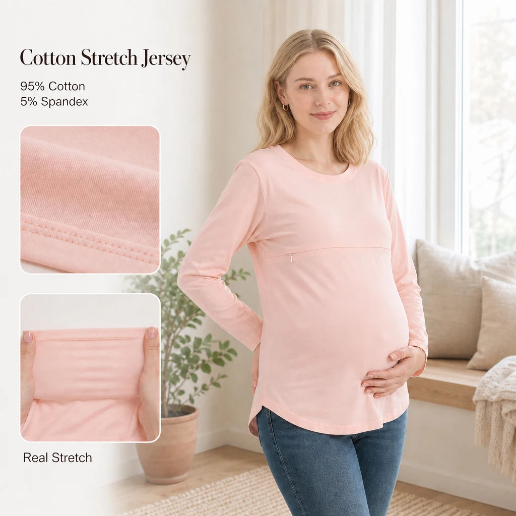 Long Sleeve Maternity Nursing Shirt Round Neck Horizontal Zipper Breastfeeding Top Soft Stretch Cotton Pregnancy Clothes
